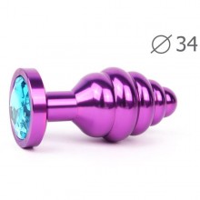 Втулка анальная «Violet Plug Medium» ребристая, длина 80 мм, диаметр 34 мм, цвет кристалла голубой, AV-05-M, из материала Металл, цвет Фиолетовый, длина 8 см.