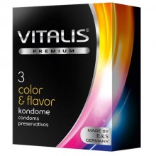 Разноцветные ароматизированные презервативы Vitalis Premium «Color & Flavor», упаковка 3 шт, бренд R&S Consumer Goods GmbH, длина 18 см.