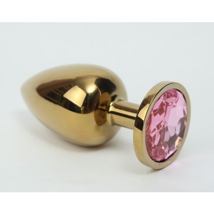 Классическая анальная пробка с розовым стразом, цвет золотой, 47006-2MM, из материала Металл, длина 9.5 см., со скидкой