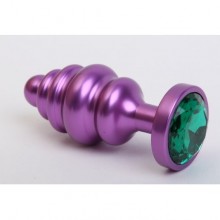 Фигурная анальная пробка с зеленым стразом, цвет фиолетовый, 47429-6MM, бренд 4sexdream, из материала Металл, длина 7.3 см., со скидкой