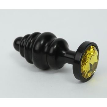 Фигурная анальная пробка с желтым стразом, цвет черный, 47427-9MM, бренд 4sexdream, длина 7.3 см.