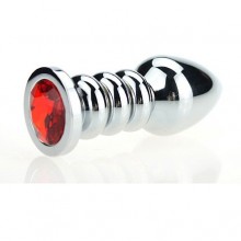 Изящная фигурная анальная пробка с красным стразом, цвет серебристый, 47423-2MM, бренд 4sexdream, длина 10.3 см.