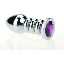 Изящная фигурная анальная пробка с фиолетовым стразом, цвет серебристый, 47423-5MM, бренд 4sexdream, длина 10.3 см., со скидкой