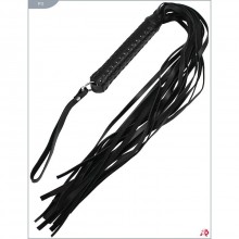 Кожаная плеть с плетеной ручкой и жесткими хвостами, цвет черный, Подиум Р11, бренд Фетиш компани, длина 50 см.