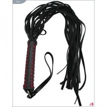 Кожаная плеть с красной оплеткой, цвет черный, Подиум Р11а, бренд Фетиш компани, длина 50 см., со скидкой