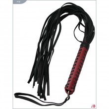 Кожаная плеть с ручкой в красной оплетке, цвет черный, Подиум Р11б, бренд Фетиш компани, длина 50 см., со скидкой