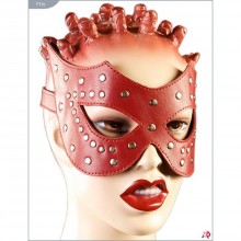 Изысканная БДСМ маска из натуральной кожи с заклепками, цвет красный, Подиум Р33а, длина 68 см.