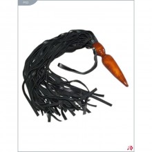 Флоггер из натуральной кожи с деревянной конусной ручкой, цвет черный, Подиум Р132, бренд Фетиш компани, длина 40 см.