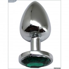 Металлическая анальная втулка-страз с зеленым кристаллом, цвет серебристый, PentHouse P3402M-05, длина 9 см.