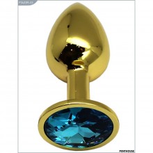 Металлическая анальная втулка страз с голубым кристаллом, цвет золотой, PentHouse P3403M-03, длина 7 см.