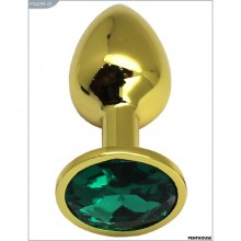 Гладкая металлическая пробка-страз с зеленым кристаллом, цвет золотой, PentHouse P3403M-05, длина 7 см.