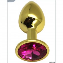 Небольшая металлическая анальная пробка с розовым кристаллом, цвет золотой, PentHouse P3403M-02, длина 7 см.