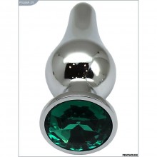 Металлическая эргономичная анальная пробка с зеленым кристаллом, цвет серебристый, PentHouse P3406M-05, длина 9.4 см.