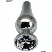 Металлическая эргономичная анальная пробка с прозрачным кристаллом, цвет серебристый, PentHouse P3406M-06, длина 9.4 см., со скидкой