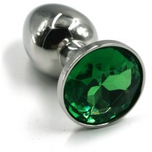Средняя серебряная анальная пробка из алюминия с зеленым кристаллом, Kanikule KL-AL05M, цвет Зеленый, длина 7 см.