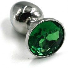 Маленькая серебряная анальная пробка из алюминия с зеленым кристаллом, Kanikule KL-AL05S, цвет Зеленый, длина 7 см.