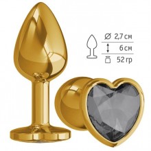 Анальная втулка «Gold» с черным кристаллом в форме сердца от компании Джага-Джага, цвет золотой, 511-05 BL DD, длина 7 см.