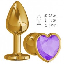Анальная втулка «Gold» с фиолетовым кристаллом-сердцем от компании Джага-Джага, цвет золотой, 511-08 PR DD, из материала Металл, коллекция Anal Jewelry Plug, длина 7 см.