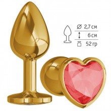 Анальная втулка «Gold» с красным кристаллом-сердцем от компании Джага-Джага, цвет серебристый, 511-04 RD DD, цвет Золотой, длина 7 см., со скидкой
