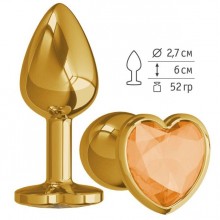 Небольшая анальная втулка «Gold» с оранжевым кристаллом-сердцем, цвет золотой, Джага-Джага 511-10 ORANGE-DD, цвет Серебристый, длина 6 см.