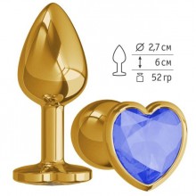 Анальная втулка «Gold» с синим кристаллом-сердцем от компании Джага-Джага, цвет золотой, 511-07 BLUE-DD, из материала Металл, длина 7 см., со скидкой
