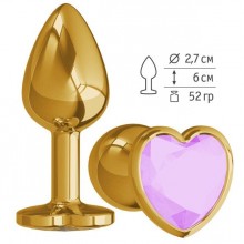 Анальная втулка «Gold» с сиреневым кристаллом в форме сердца, цвет золотой, Джага-Джага 511-13 LILAC-DD, длина 7 см.