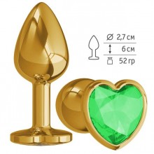 Анальная втулка Gold с зеленым кристаллом сердце маленькая, цвет зеленый, длина 7 см.
