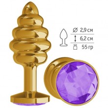 Анальная втулка «Gold Spiral» с фиолетовым кристаллом от компании Джага-Джага, цвет золотой, 512-08 PURPLE-DD, из материала Металл, длина 7 см.