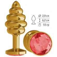 Анальная втулка «Gold Spiral» с красным кристаллом от компании Джага-Джага, цвет золотой, 512-04 RED-DD, длина 7 см., со скидкой