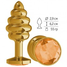 Анальная втулка «Gold Spiral» с оранжевым кристаллом от компании Джага-Джага, цвет золотой, 512-10 ORANGE-DD, длина 7 см., со скидкой