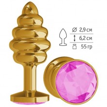 Металлическая рельефная анальная втулка «Gold Spiral» с розовым кристаллом, цвет золотой, Джага-Джага 512-06 PINK-DD, длина 7 см.