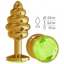 Ребристая анальная втулка «Gold Spiral» с салатовым кристаллом, цвет золотой, Джага-Джага 512-12-LIME DD, длина 6.2 см.