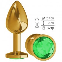 Анальная втулка «Gold» средняя с зеленым кристаллом от компании Джага-Джага, цвет золотой, 510-03 GN DD, длина 7 см.