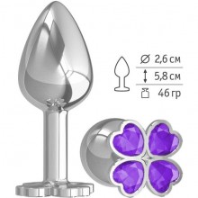 Металлическая анальная втулка «Silver» в форме клевера с фиолетовым кристаллом, длина 7 см.