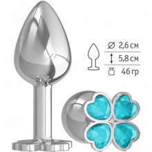 Малая металлическая анальная пробка-клевер «Silver» с голубым кристаллом, цвет серебристый, Джага-Джага 509-05 AQUA-DD, длина 5.8 см.