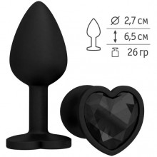 Анальная втулка из силикона черная с черным стразом-сердечком, Джага-Джага 508-09 BLACK-DD, цвет черный, длина 7.3 см.