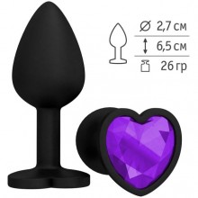 Анальная втулка из силикона черная с фиолетовым стразом-сердечком, длина 7.3 см.
