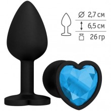 Анальная втулка из силикона черная с синим стразом-сердечком, длина 7.3 см.