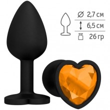 Анальная втулка из силикона черная с оранжевым стразом-сердечком, длина 7.3 см.
