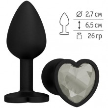 Анальная втулка из силикона черная с прозрачным стразом-сердечком, Джага-Джага 508-01 WHITE-DD, цвет прозрачный, длина 7.3 см.