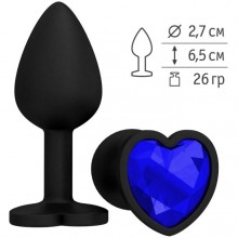 Силиконовая анальная втулка с синим кристаллом в форме сердца, черная, Джага-Джага 508-07 BLUE-DD, длина 7.3 см.