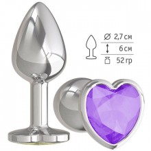 Анальная втулка «Silver» с фиолетовым кристаллом-сердцем от компании Джага-Джага, цвет серебристый, 514-08 PR DD, длина 7 см.