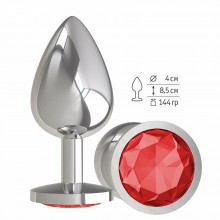 Анальная втулка «Silver» с красным кристаллом от компании Джага-Джага, цвет серебристый, 533-04 RED-DD, из материала Металл, длина 9.5 см.