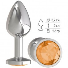 Анальная втулка «Silver» с оранжевым кристаллом от компании Джага-Джага, цвет серебристый, 513-10 ORANGE-DD, из материала Металл, коллекция Anal Jewelry Plug, длина 7 см.
