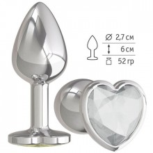 Анальная втулка «Silver» с прозрачным кристаллом в форме сердца от компании Джага-Джага, цвет серебристый, 514-01 WH DD, из материала Металл, коллекция Anal Jewelry Plug, длина 7 см.