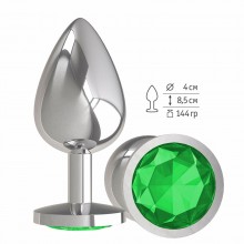 Анальная втулка «Silver» с зеленым кристаллом от компании Джага-Джага, цвет серебристый, 533-03 GREEN-DD, из материала Металл, длина 9.5 см., со скидкой