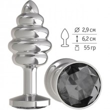 Анальная втулка «Silver Spiral» с черным кристаллом от компании Джага-Джага, цвет серебристый, 515-09 BL DD, длина 7 см.