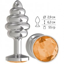 Анальная втулка «Silver Spiral» с оранжевым кристаллом от компании Джага-Джага, цвет серебристый, 515-10 ORANGE-DD, из материала Металл, длина 7 см.