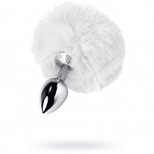 Маленькая анальная втулка «Заячий хвост» с мехом, с белым хвостиком, диаметр 2.7 см, TOYFA Metal 712025-10, цвет серебристый, длина 13 см.