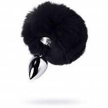Маленькая анальная втулка «Заячий хвост» с мехом, с черным хвостиком, диаметр 2.7 см, TOYFA Metal 712025-5, цвет серебристый, длина 13 см.